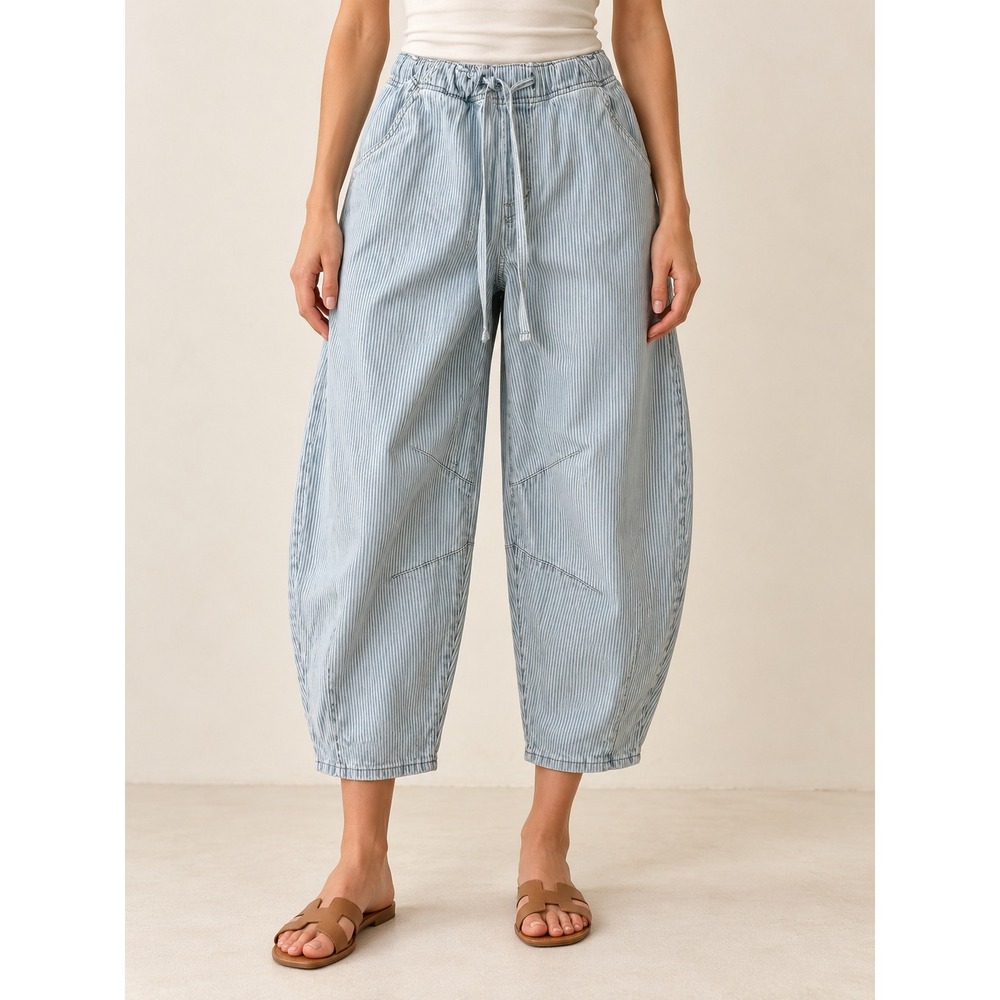 A.N.A Striped Elastic Waist Barrel Crop Pants Women XS Blue White